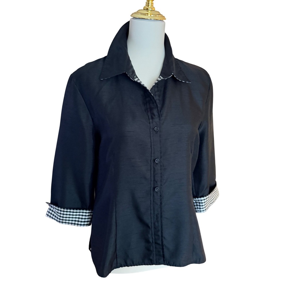 Vintage‎ Halmode Petites Black Slub Texture Gingham Trim 3/4 Sleeve Button Down